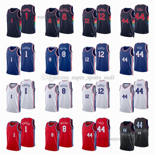 

printed city basketball jerseys 44 paul 8 paul reed millsap 12 tobias 1 james harris jersey color white red black blue mens size:xs-xxl, Black;red