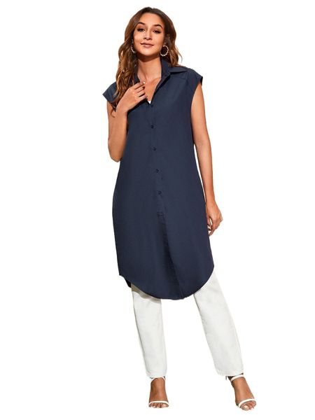 

collared split side sleeveless longline blouse k3oi#, White