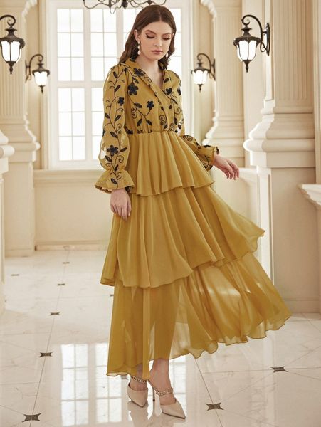 

floral embroidered overlap collar flounce sleeve layer hem dress x734#, Black;gray