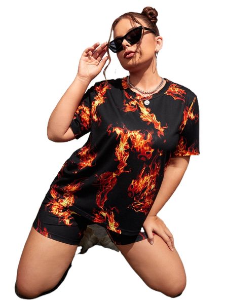 

plus 1pc fire print tee & 1pc biker shorts z7vh#, Black