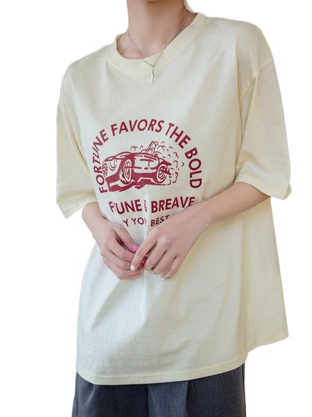 

dazy slogan & car print drop shoulder tee c9z8#, White