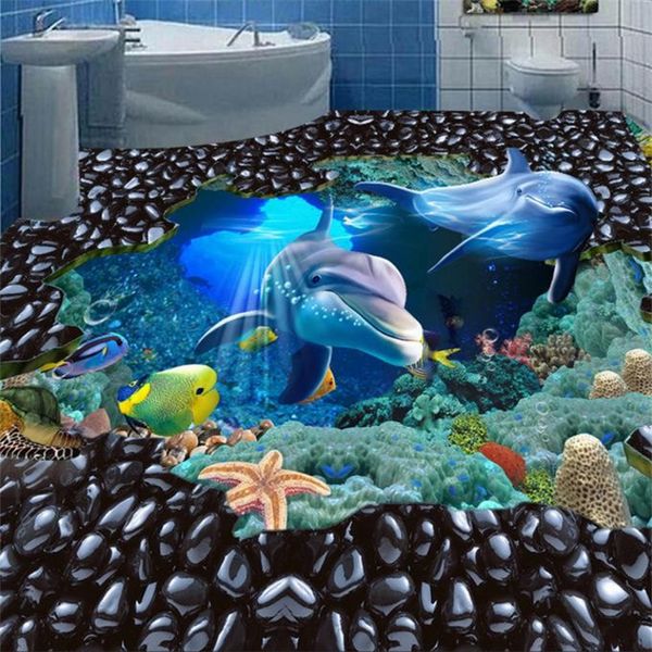 Papel de Parede de Pisos 3D Murais Underwater World Vinyl self-adesivo PVC papel de parede para celular para Lliving Sala Bathroom