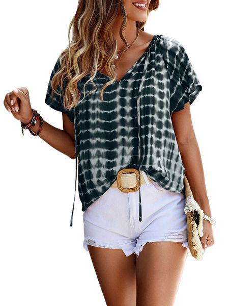 

tie dye tie neck batwing sleeve blouse 402g#, White