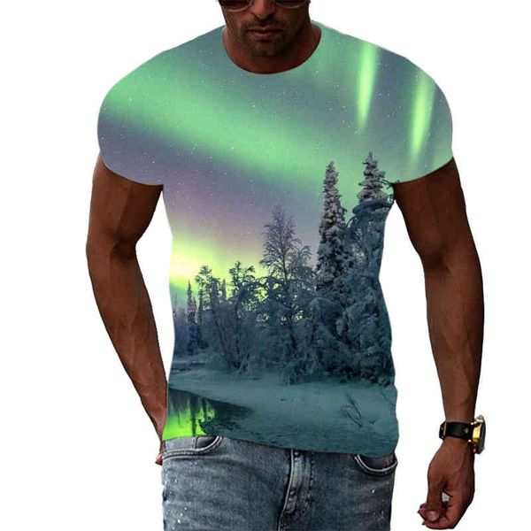 

summer trend men print aurora graphic t shirts 3d fashion casual personality natural landscape pattern short sleeve t-shirts, White;black