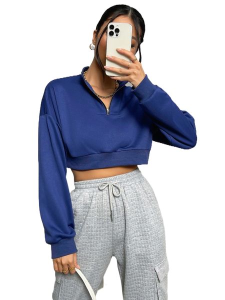 

solid zip half placket crop sweatshirt k3wq#, Black