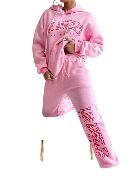 

letter graphic drop shoulder drawstring hoodie & sweatpants i1zy#, White