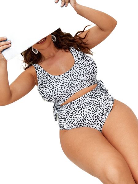 

plus dalmatian print cut out tie side one piece swimsuit 6226#, White;black