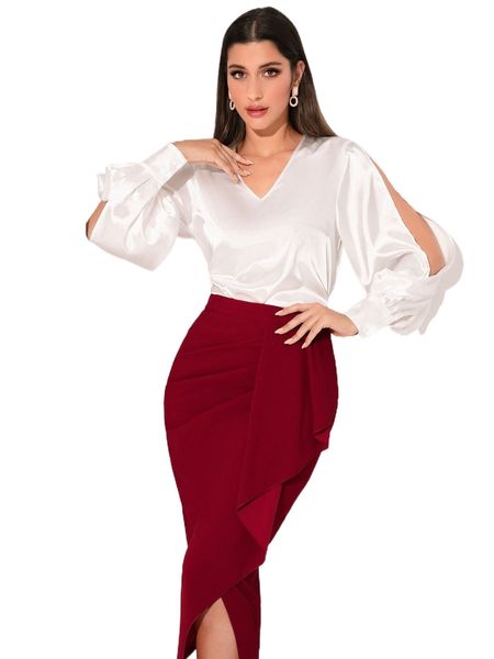 

modely solid satin bishop sleeve & draped skirt set z2mf#, White