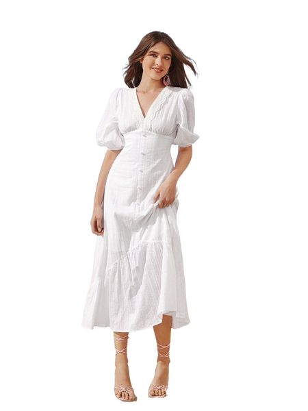 

puff sleeve contrast eyelet embroidery ruffle hem dress t5r3#, Black;gray