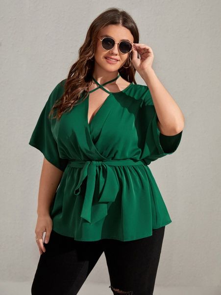 

plus criss cross belted peplum blouse i9vb#, Black