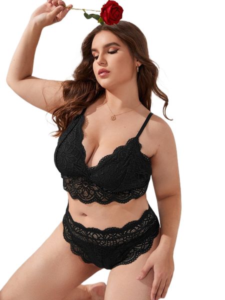 

plus lace longline lingerie set n4cb#, Black;white