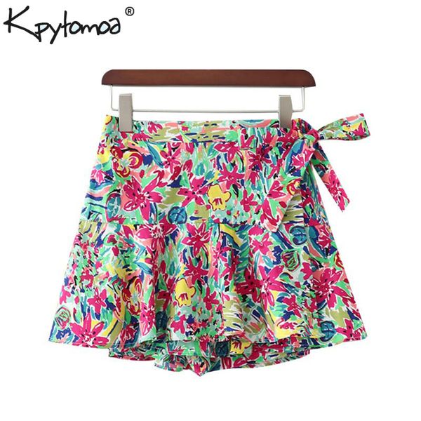 

vintage chic floral print bow tie shorts skirt fashion elastic waist side zipper shorts casual pantalones cortos y200512, White;black