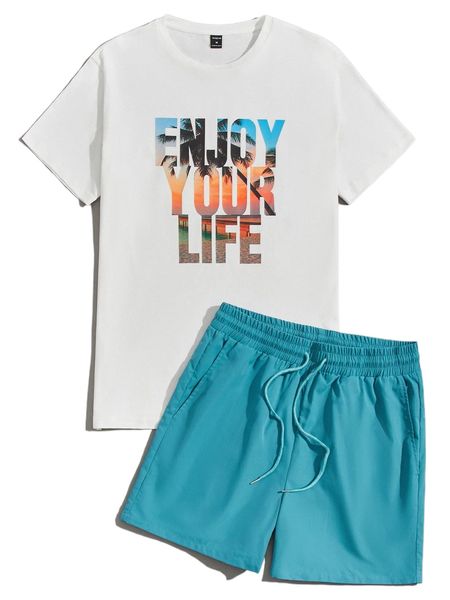 

men scenery & slogan graphic tee & drawstring waist shorts c3jp#, Gray