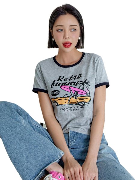 

dazy contrast binding tropical & car print tee z6qh#, White