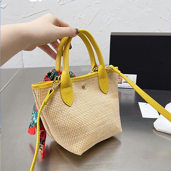 Mini borsa tote in paglia di alta qualità Borsa a secchiello intrecciata a più colori borse per la spesa a tracolla Borsa a tracolla portatile Borsa da vacanza al mare Borsa lp