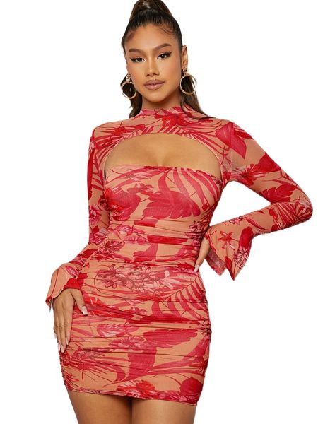 

floral print cut-out bell sleeve ruched mini dress s3cs#, Black;gray