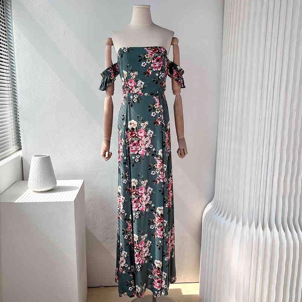 

casual dresses foreign trade original single floral skirt kikyo long and ankle retro one-line collar temperament thin split cotton silk dres, Black;gray