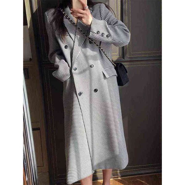 

women long coat houndstooth office lady spring autumn fashion full plaid turn-down collar double breasted girls woolen overcoat t220714, Black
