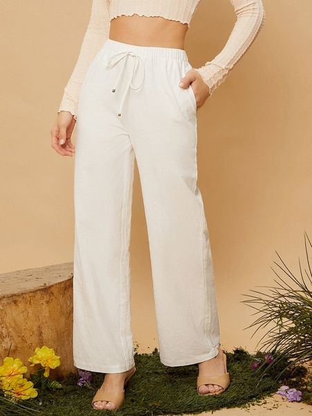 

knot front high waist pants q3ny#, Black;white