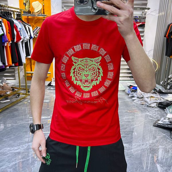 T-shirt da uomo stile hip-hop occidentale ricamo testa di tigre strass paillettes design manica corta 2022 nuovo girocollo slim t-shirt in seta ghiaccio rosso verde nero bianco top M-5XL