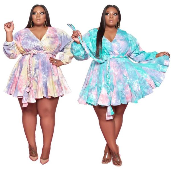 Plus Size Kleider XL-5XL Damenkleid Modedruck V-Ausschnitt Sexy Langarm gewebter Batikgürtel Mini Großhandel DirektverkaufPlus