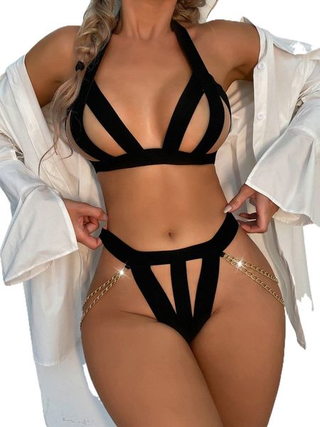 

cut out chain decor lingerie set q5bi#, Black;red