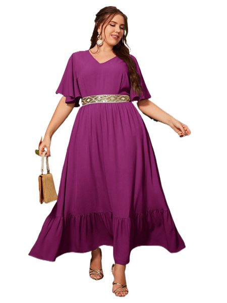 

plus sequin insert flutter sleeve ruffle hem dress q67j#, Black