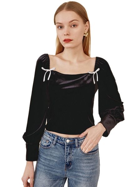 

square neck tie front bishop sleeve velvet blouse e64r#, White