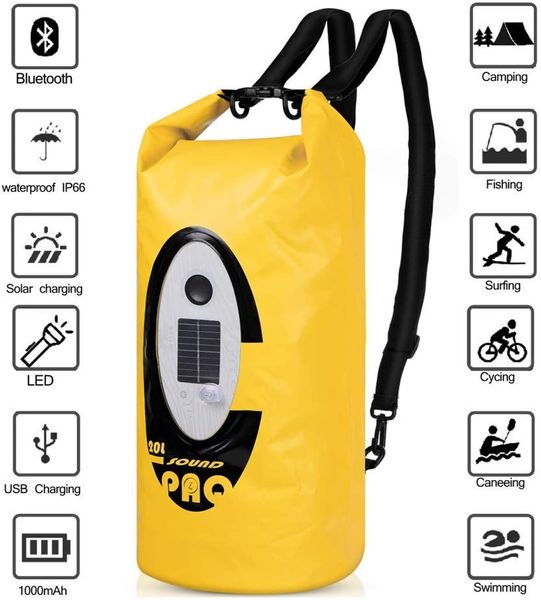 Wasserdichter Packsack, Solar-Rucksack, Bluetooth-Lautsprecher, buntes Licht, Notlicht, 20 l, leicht, für Kajakfahren, Rafting, Bootfahren, Camping