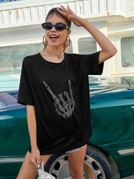 

beaded detail drop shoulder tee z79v#, White