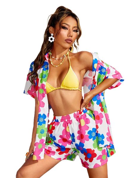 

floral print shirt & elastic waist shorts e083#, White