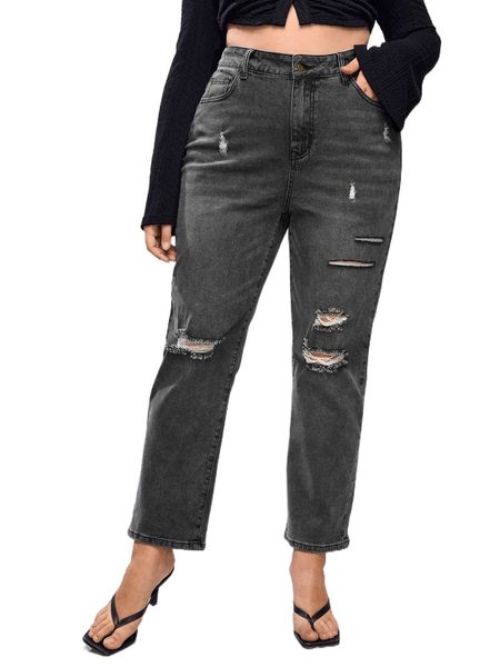 

plus high waist ripped straight leg jeans s4mi#, Blue