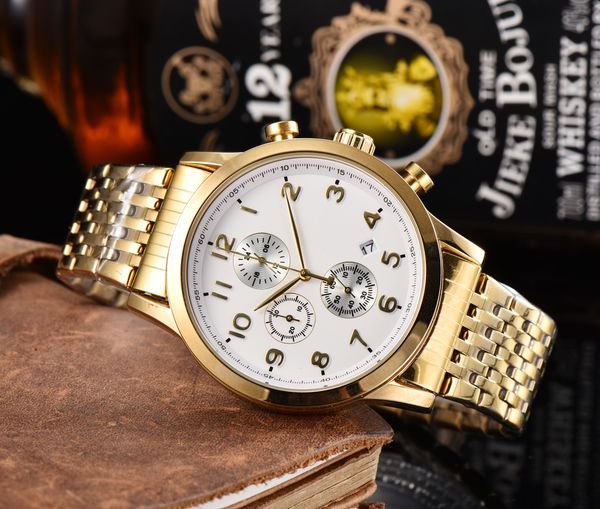 

men's watch sport quartz boss business watch full function all hands can operate steel band folding buckle, Slivery;brown