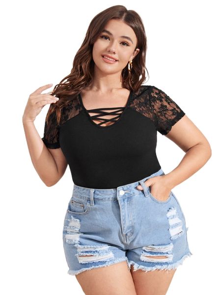 

plus lace insert criss cross tee b1xr#, Black