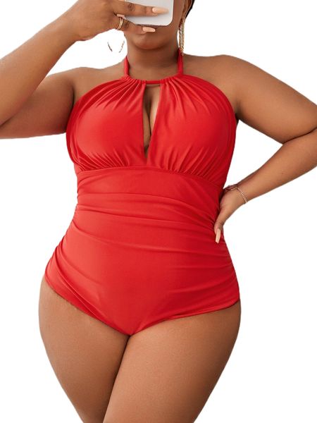

plus cut out halter one piece swimsuit s0lk#, White;black