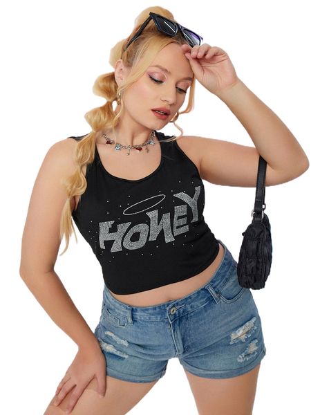 

plus rhinestone letter pattern tank 37he#, Black