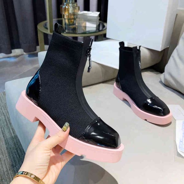 

boots korean women's shoes square toe autumn winter elastic thin boots fashion thick heel front zipper short chelsea martin, Black