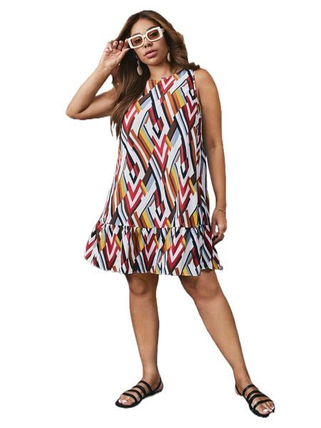

plus geo print ruffle hem smock dress d8ta#, Black