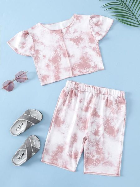

girls tie dye stitching butterfly sleeve tee & shorts she, White