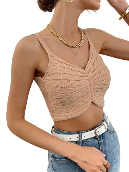 

solid cable crop cami knit t182#, White;black