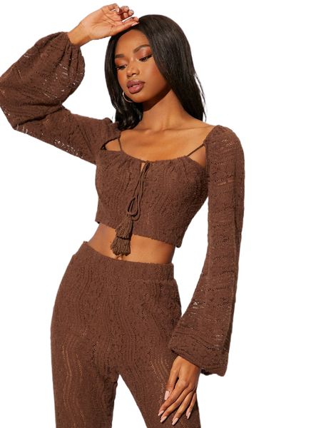 

newness lantern sleeve drawstring tie front lace u4ov#, White