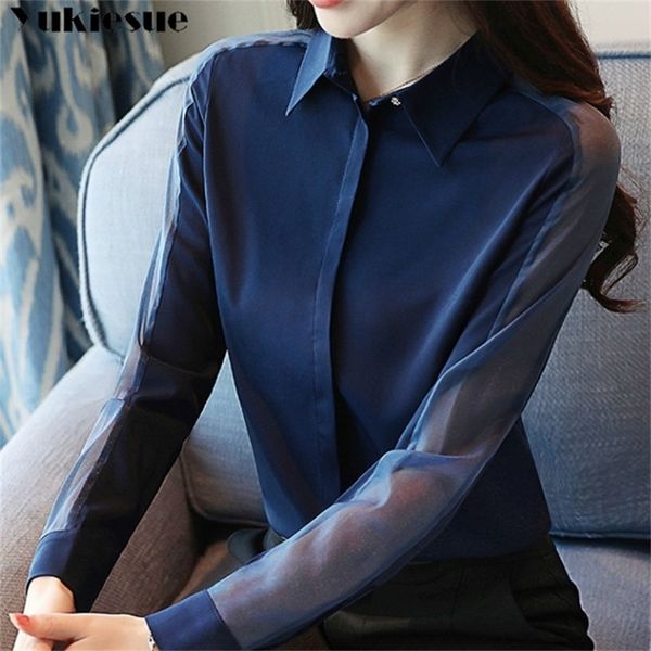 

women chiffon blouse shirt long sleeve women shirts fashion womens and blouses summer plus size women hollow out 210412, White