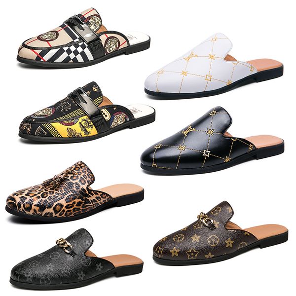 

luxury brand mens designer horsebit metal buckle grid pattern slippers genuine leather mules black brown flip flops men casual lazy shoes bi