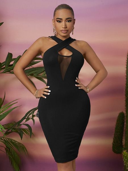 

sxy mesh insert crisscross front bodycon dress m3ll#, Black;gray