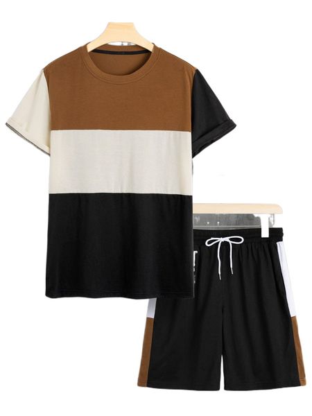 

men colorblock tee & drawstring waist shorts c3y3#, Gray