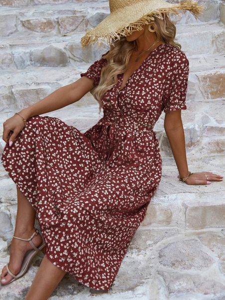 

ditsy floral overlap collar puff sleeve belted dress z6aq#, Black;gray