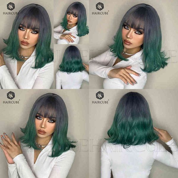 

high temperature silk women's wig purple gradient blue qi bangs short curly hair shoulder length bob head 220527, Black