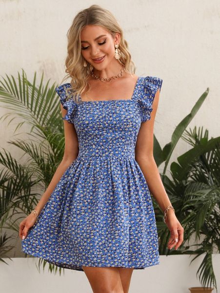 

ditsy floral ruffle armhole tie backless dress s5dn#, Black;gray