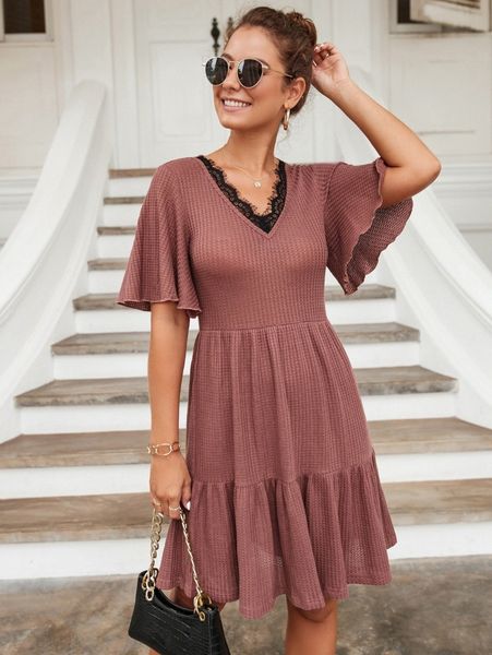 

eyelash lace trim butterfly sleeve ruffle hem dress y4fo#, Black;gray