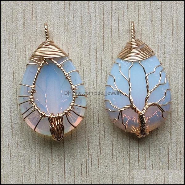 Charms Gold Farbe Opalite Opal Wire Wrap Handgemachte Baum des Lebens Naturstein Anhänger DIY Halskette Schmuck Machen Drop D Dhseller2010 Dhrrl